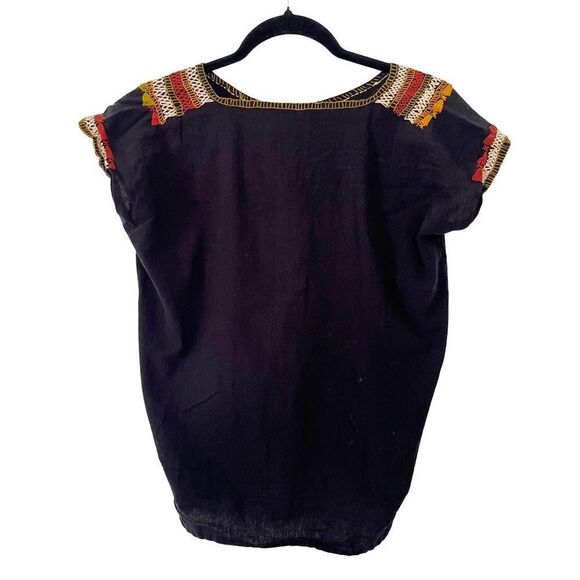 Black Neutral Embroidered Bohemian Hippie Drop Sleeve T-Shirt - Picture 2 of 6